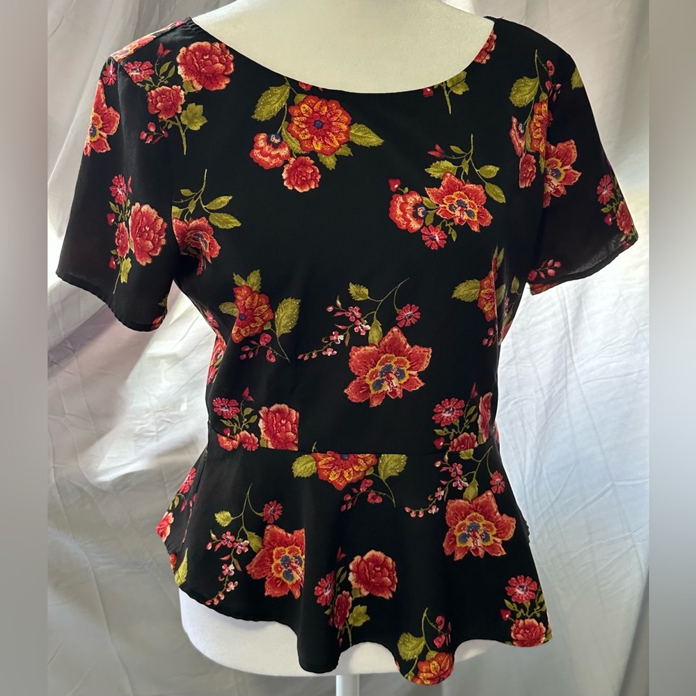 Forever 21 Black Peplum Top with Red Floral Pattern, lattice tie back